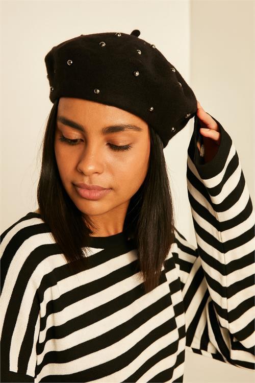 Dipmoda kadın siyah taş işlemeli ressam şapkası DPAKS026