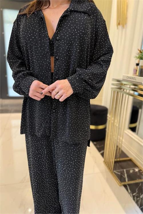 Dipmoda kadın siyah taşlı gömlek pantolon bustiyer üçlü takım DPKD7556