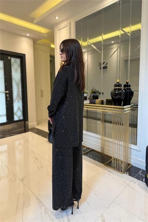 Dipmoda kadın siyah taşlı gömlek pantolon bustiyer üçlü takım DPKD7556