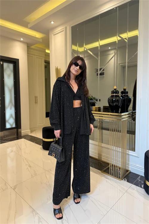 Dipmoda kadın siyah taşlı gömlek pantolon bustiyer üçlü takım DPKD7556