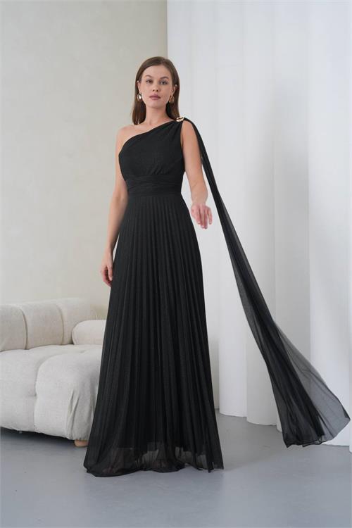 Dipmoda kadın siyah tek omuz tokalı drape detaylı ışıltılı tül kumaş abiye elbise DPS9388
