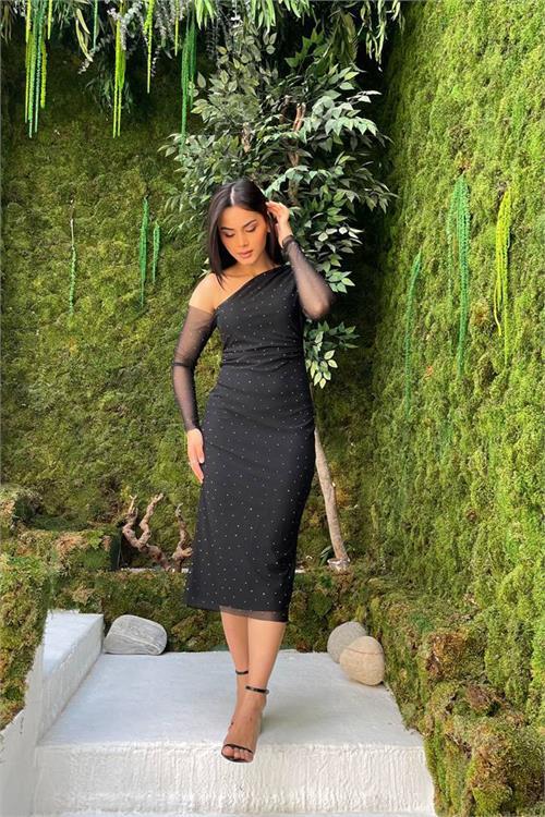 Dipmoda kadın siyah tek omuz tül kol taşlı midi elbise DPMY3722