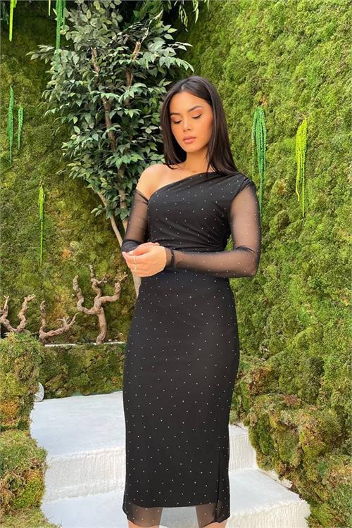 Dipmoda kadın siyah tek omuz tül kol taşlı midi elbise DPMY3722