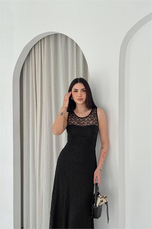Dipmoda kadın siyah transparan detaylı tam boy astarlı dantel elbise DPK4619