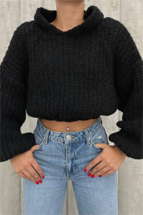 Dipmoda kadın siyah triko kapüşonlu sweat NBDM1601 