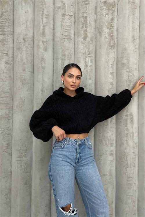 Dipmoda kadın siyah triko kapüşonlu sweat NBDM1601 