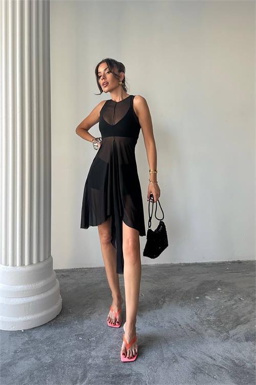 Dipmoda kadın siyah tül pareo üçlü takım DPDF099