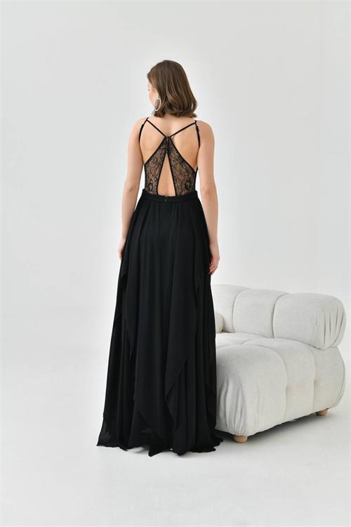 Dipmoda kadın siyah tül sırt ve dantel detaylı abiye elbise NBS9348 