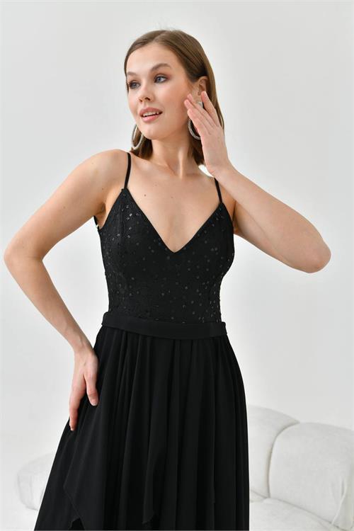 Dipmoda kadın siyah tül sırt ve dantel detaylı abiye elbise NBS9348 