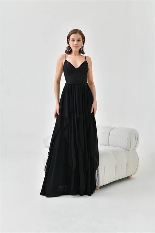 Dipmoda kadın siyah tül sırt ve dantel detaylı abiye elbise NBS9348 