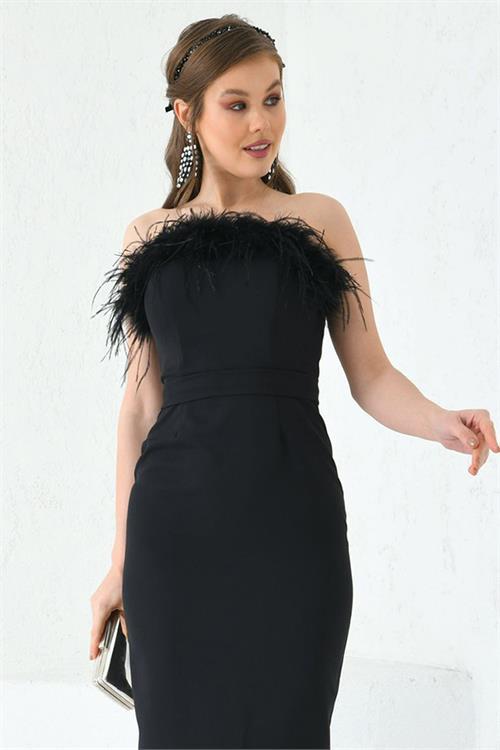 Dipmoda kadın siyah tüy detaylı straplez abiye elbise NBS003 