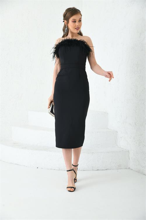 Dipmoda kadın siyah tüy detaylı straplez abiye elbise NBS003 