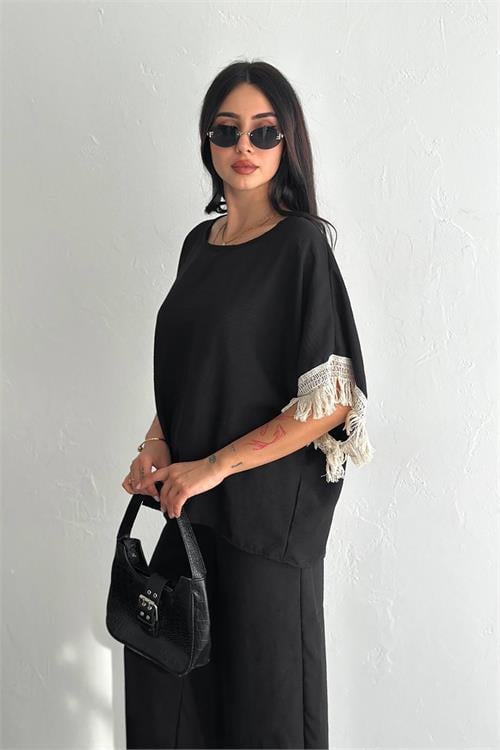 Dipmoda kadın siyah yazlık alt üst ikili takım DPK4108