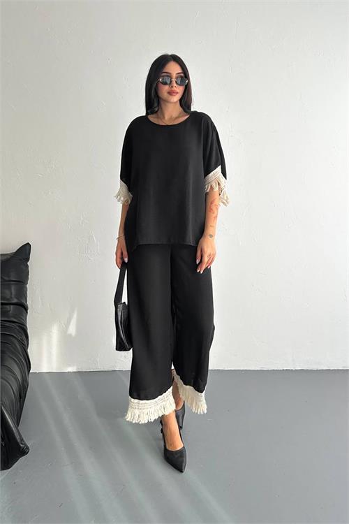 Dipmoda kadın siyah yazlık alt üst ikili takım DPK4108
