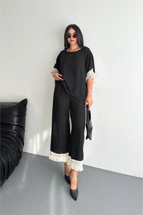 Dipmoda kadın siyah yazlık alt üst ikili takım DPK4108