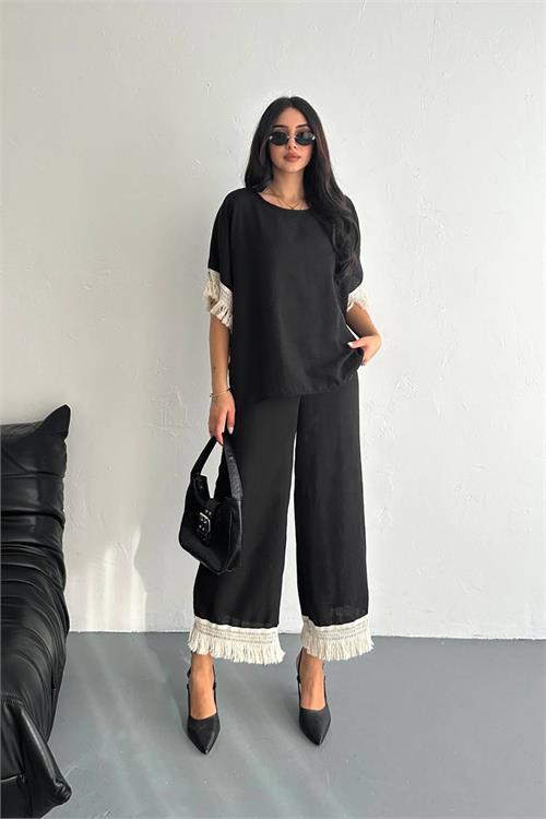 Dipmoda kadın siyah yazlık alt üst ikili takım DPK4108