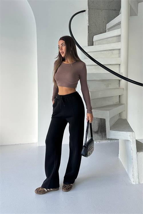 Dipmoda kadın siyah yüksek bel 3 iplik eşofman altı DPG107