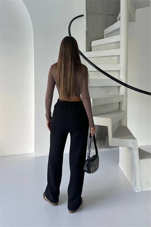 Dipmoda kadın siyah yüksek bel 3 iplik eşofman altı DPG107