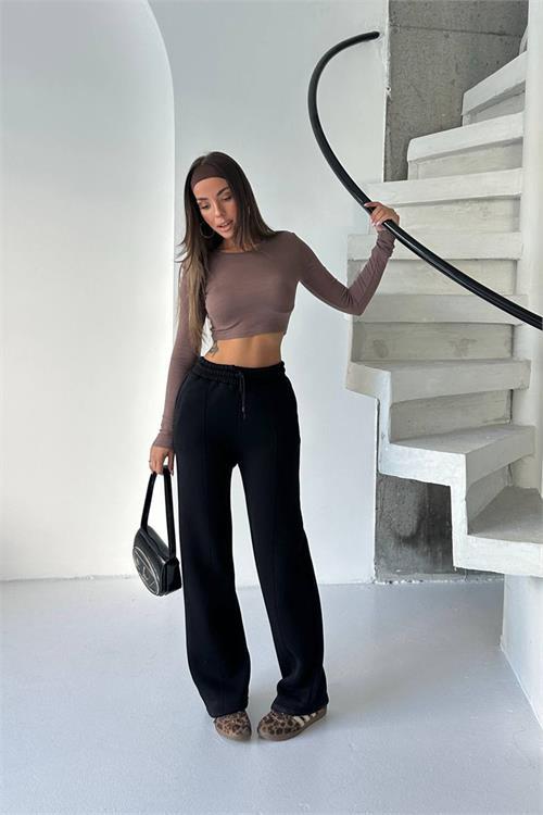 Dipmoda kadın siyah yüksek bel 3 iplik eşofman altı DPG107