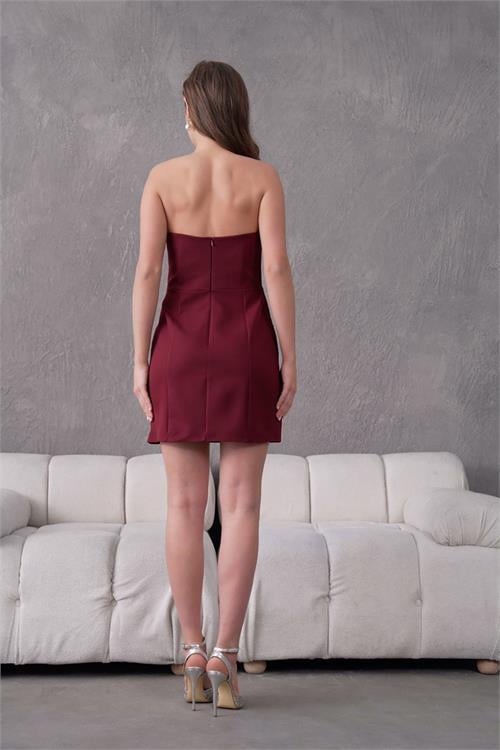 Dipmoda kadın straplez bordo inci detaylı mini abiye elbise DPS9370