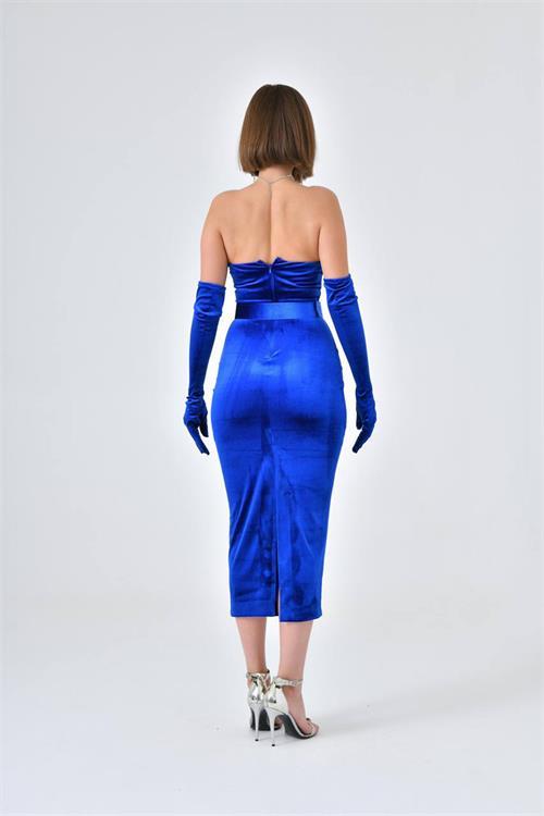 Dipmoda kadın straplez eldivenli fransız kadife abiye elbise NBS9334 