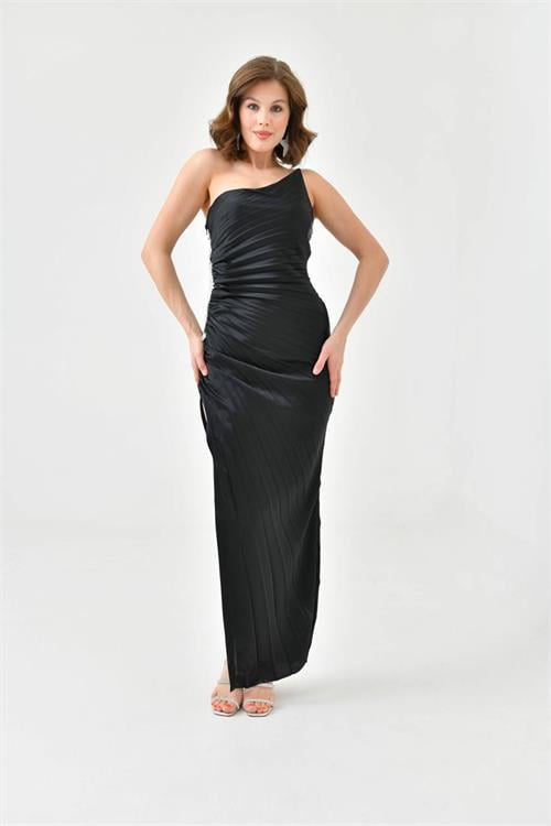 Dipmoda kadın straplez piliseli broş detaylı saten abiye elbise NBS9349 