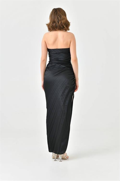 Dipmoda kadın straplez piliseli broş detaylı saten abiye elbise NBS9349 