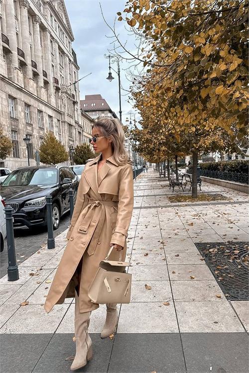 Dipmoda kadın suni deri düğmeli cep detaylı tam boy trençkot DPEMP2617