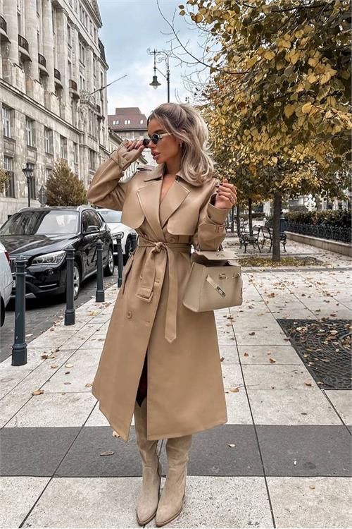 Dipmoda kadın suni deri düğmeli cep detaylı tam boy trençkot DPEMP2617