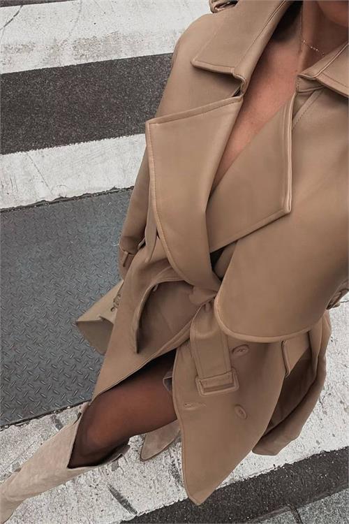 Dipmoda kadın suni deri düğmeli cep detaylı tam boy trençkot DPEMP2617