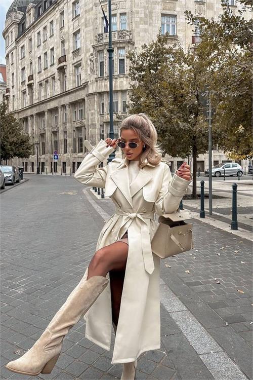 Dipmoda kadın suni deri düğmeli cep detaylı tam boy trençkot DPEMP2617