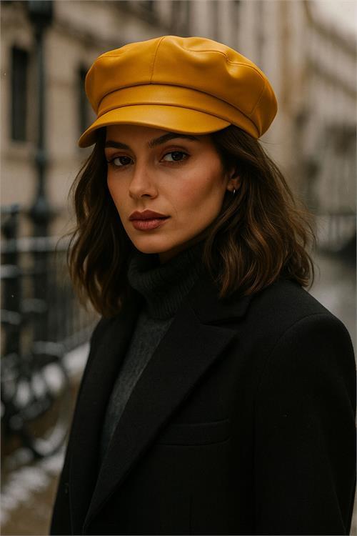 Dipmoda kadın suni deri kaptan şapka DPAKS047