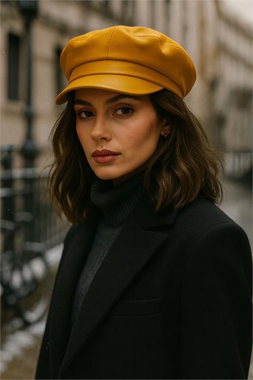 Dipmoda kadın suni deri kaptan şapka DPAKS047