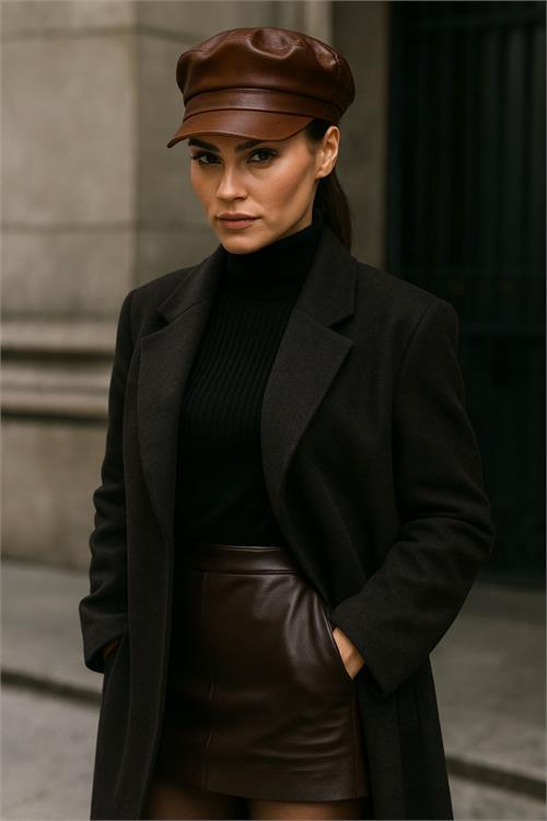 Dipmoda kadın suni deri kaptan şapka DPAKS047