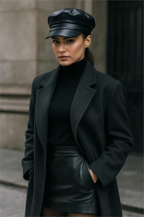 Dipmoda kadın suni deri kaptan şapka DPAKS047