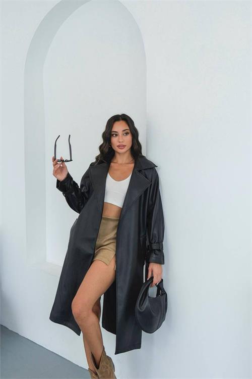 Dipmoda kadın suni deri kuşaklı trençkot DPMYLK29