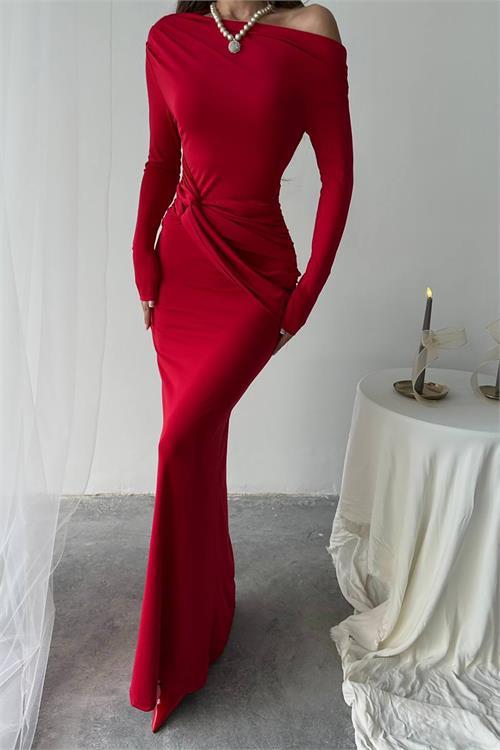 Dipmoda kadın süs bağlama detaylı maxi uzun elbise DPNBDF0213