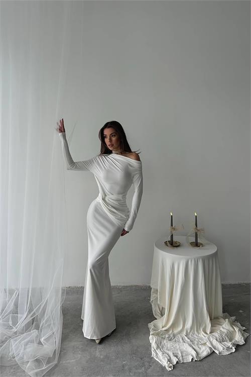 Dipmoda kadın süs bağlama detaylı maxi uzun elbise DPNBDF0213