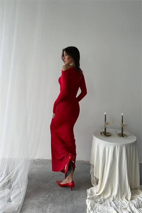 Dipmoda kadın süs bağlama detaylı maxi uzun elbise DPNBDF0213