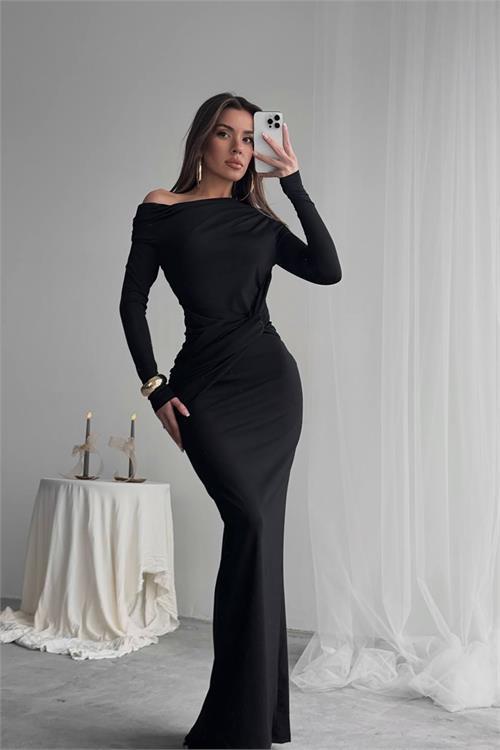 Dipmoda kadın süs bağlama detaylı maxi uzun elbise DPNBDF0213