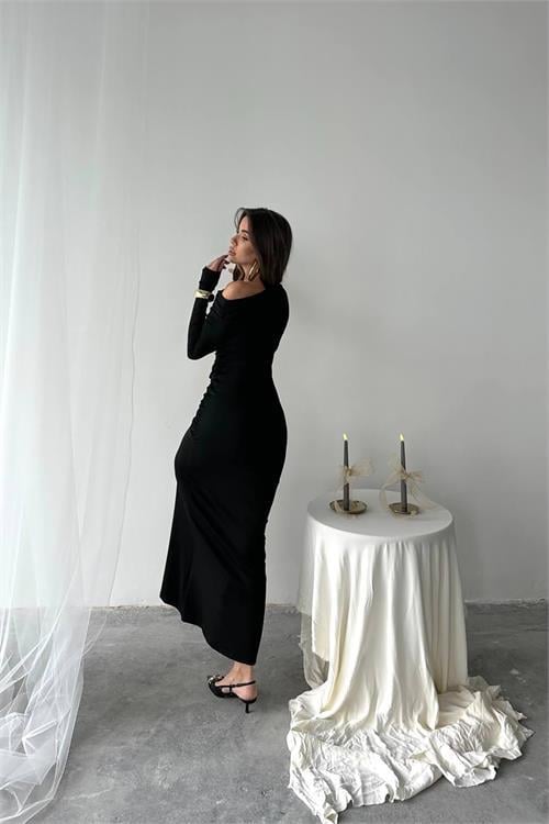 Dipmoda kadın süs bağlama detaylı maxi uzun elbise DPNBDF0213