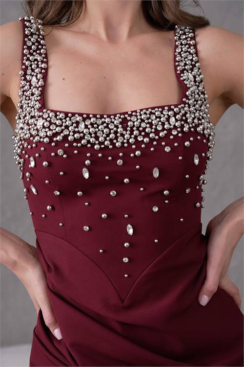 Dipmoda kadın taş detaylı askılı uzun abiye elbise DPNBS9367