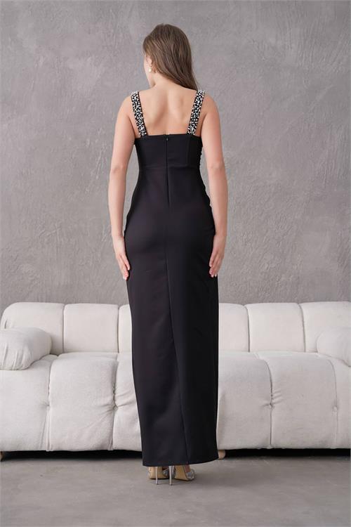 Dipmoda kadın taş detaylı askılı uzun abiye elbise DPNBS9367