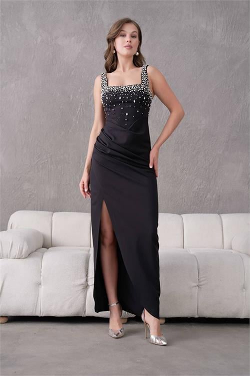 Dipmoda kadın taş detaylı askılı uzun abiye elbise DPNBS9367