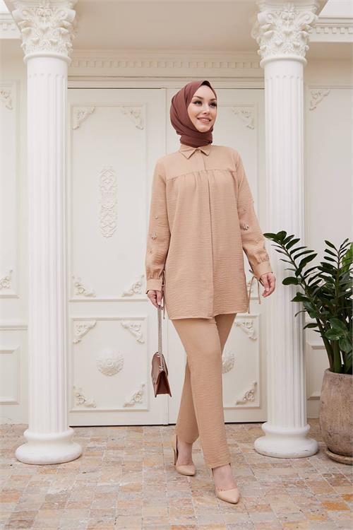 Dipmoda kadın taş detaylı pantolon gömlek ikili tesettür takım SMS036 