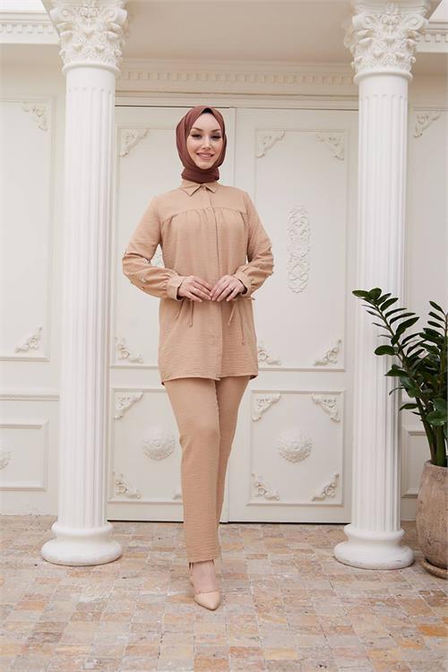 Dipmoda kadın taş detaylı pantolon gömlek ikili tesettür takım SMS036 