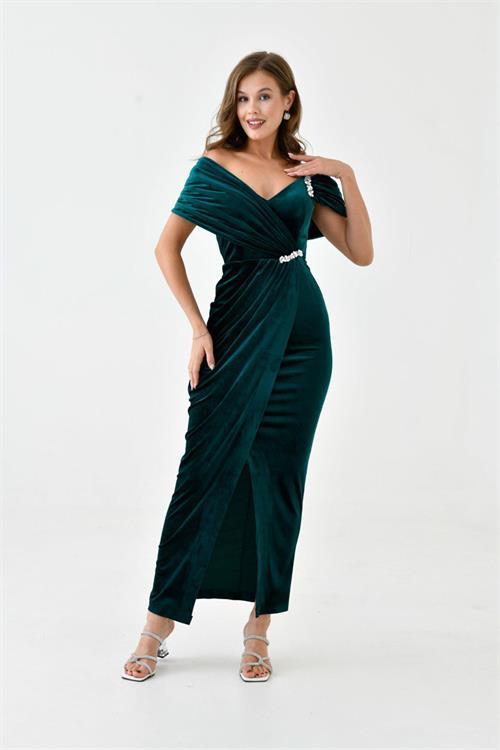 Dipmoda kadın taş ve yırtmaç detaylı kadife abiye elbise NBS9361 