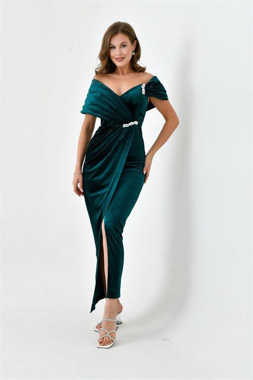 Dipmoda kadın taş ve yırtmaç detaylı kadife abiye elbise NBS9361 