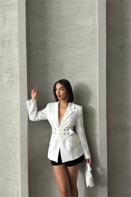 Dipmoda kadın tasarım çıtçıt detaylı blazer ceket DPG079