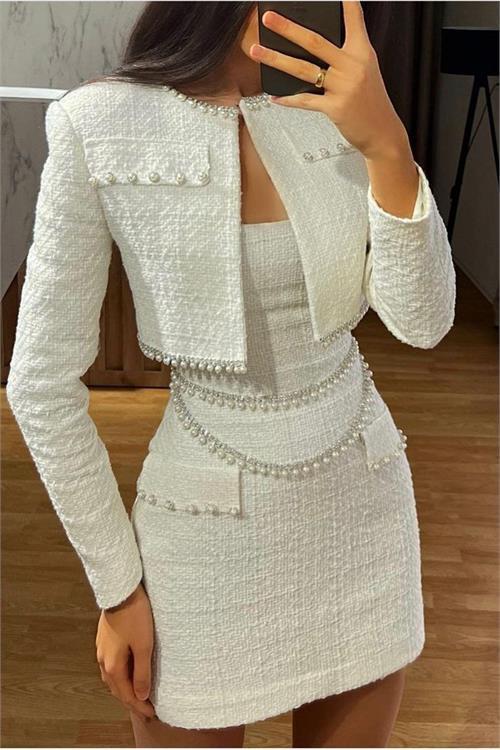 Dipmoda kadın tasarım inci işlemeli crop ceket elbise ikili takım NBEMP2278